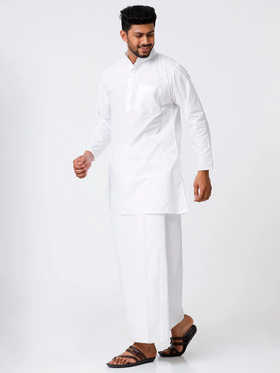 Mens Cotton Full Sleeve White Medium Kurta Top with Stitched Prayer Dhoti Combo Samraj - Image 3