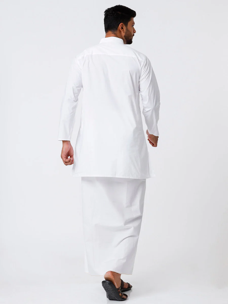 Mens Cotton Full Sleeve White Medium Kurta Top with Stitched Prayer Dhoti Combo Samraj - Image 4