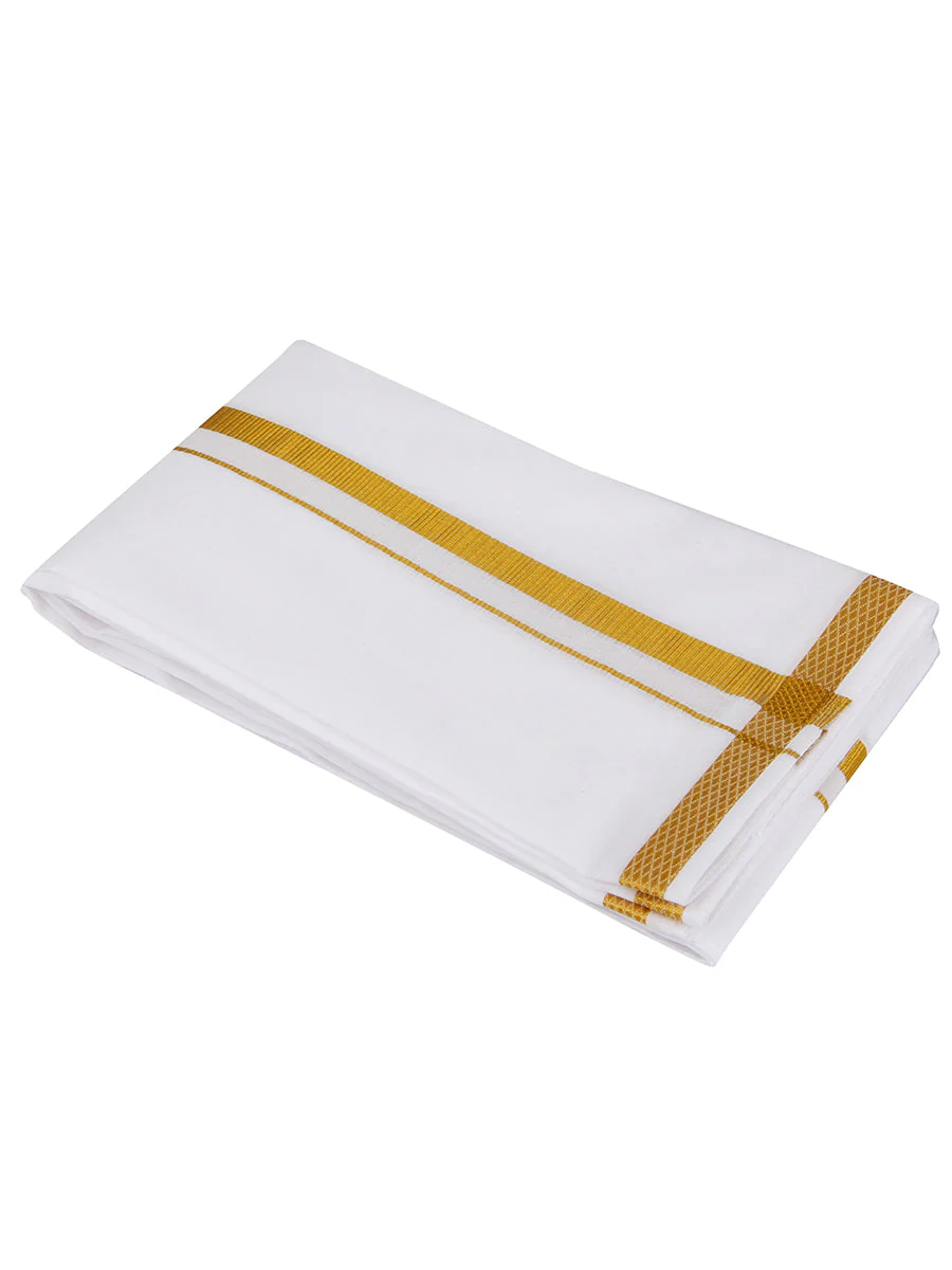 Men White Full Sleeves Shirt with 3/4'' inch Gold Jari Border Double Layer Dhoti & Towel Combo - Image 3