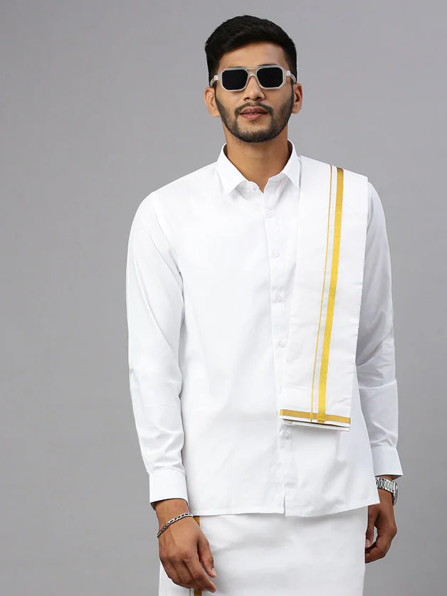 Men White Full Sleeves Shirt with 3/4'' inch Gold Jari Border Double Layer Dhoti & Towel Combo - Image 4