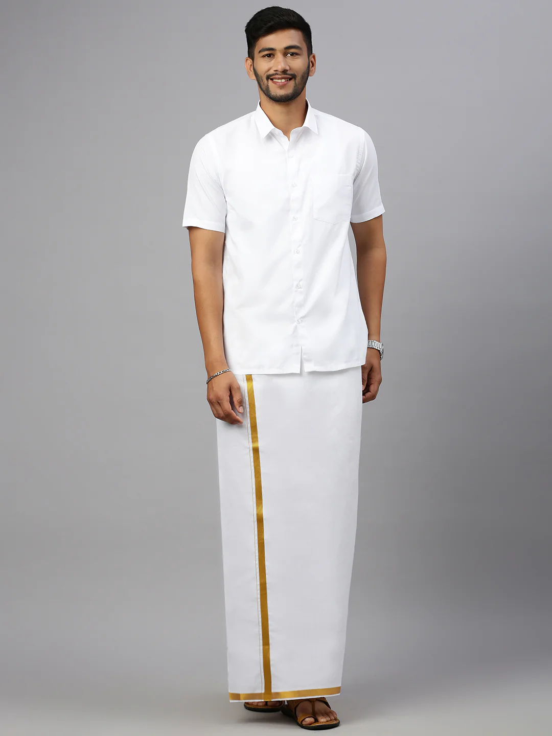 Men White Shirt with 3/4" Inch Gold Jari Border Single Layer Dhoti Combo - Image 2