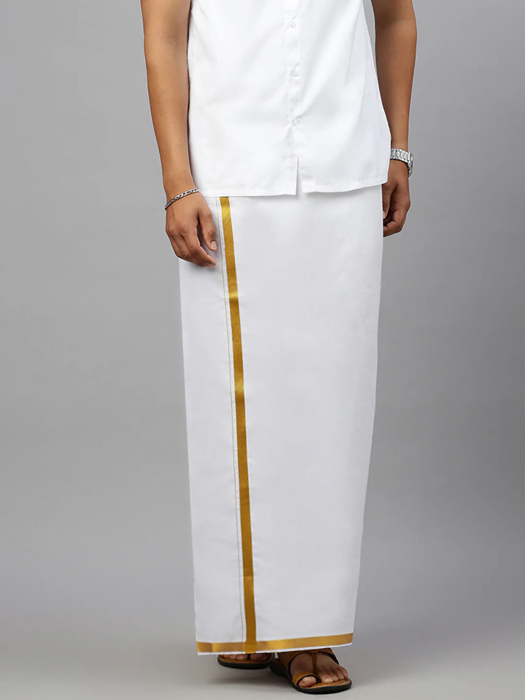 Men White Shirt with 3/4" Inch Gold Jari Border Single Layer Dhoti Combo - Image 4