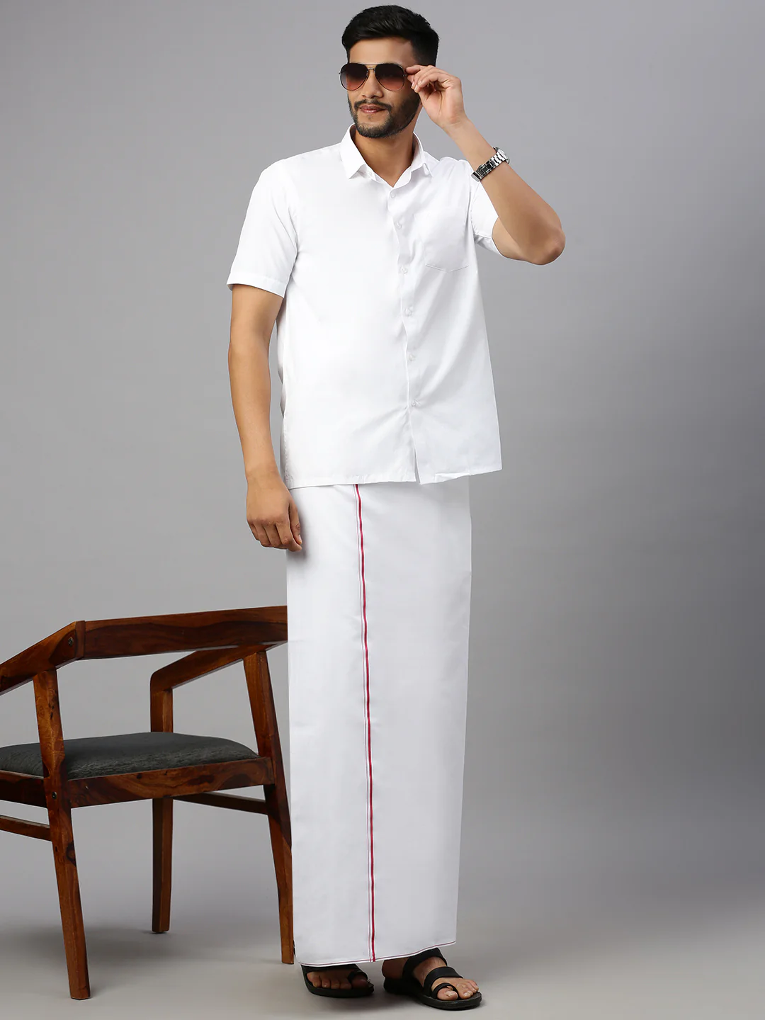 Mens Cotton White Half Sleeves Shirt with Small Border Dhoti Combo - Image 4