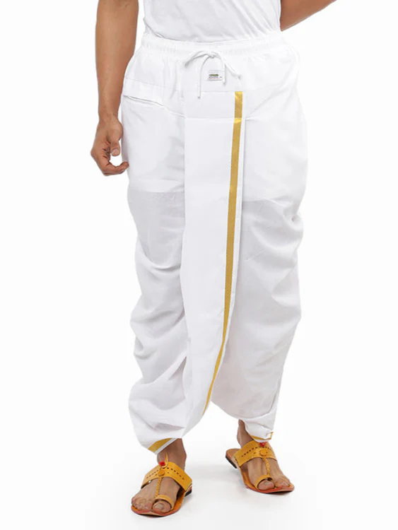 Cotton White Readymade Panchakacham with Gold Jari Border Aashan - Image 2