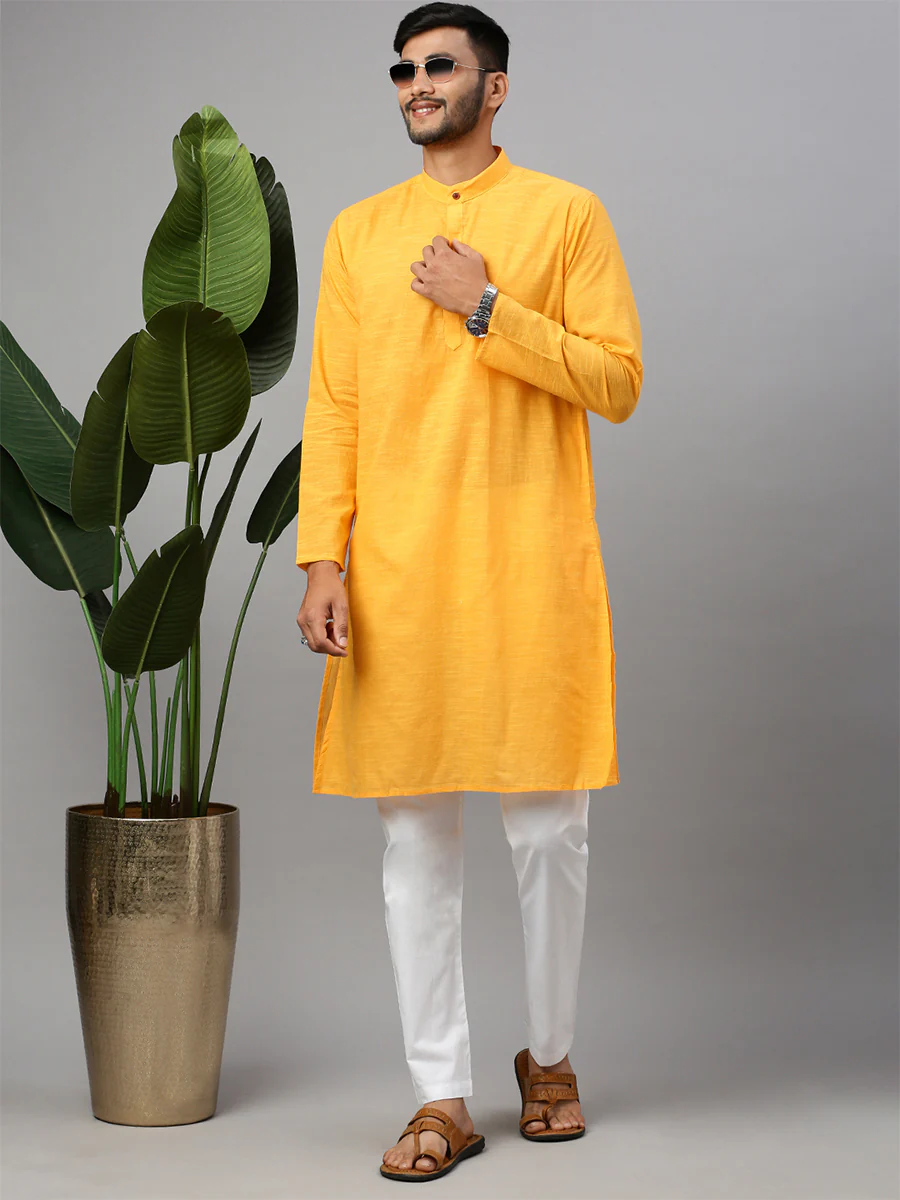 Mens Cotton Full Length Plain Pocket Kurta Yellow M17 - Image 2