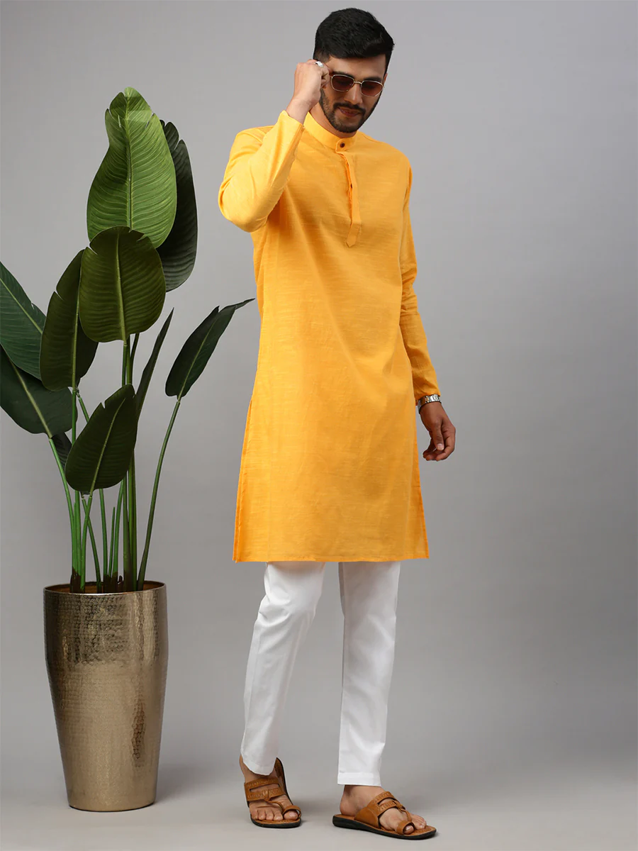 Mens Cotton Full Length Plain Pocket Kurta Yellow M17 - Image 3