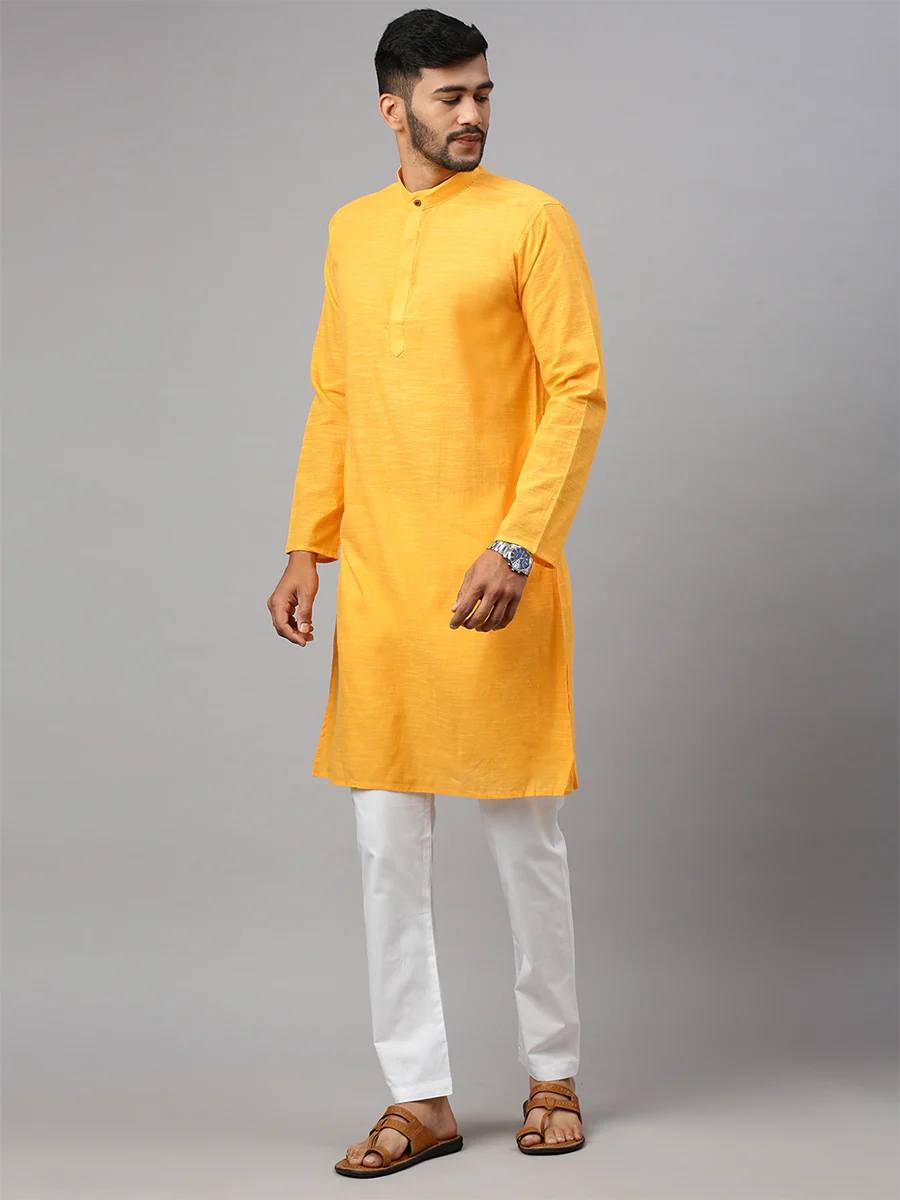 Mens Cotton Full Length Plain Pocket Kurta Yellow M17 - Image 4