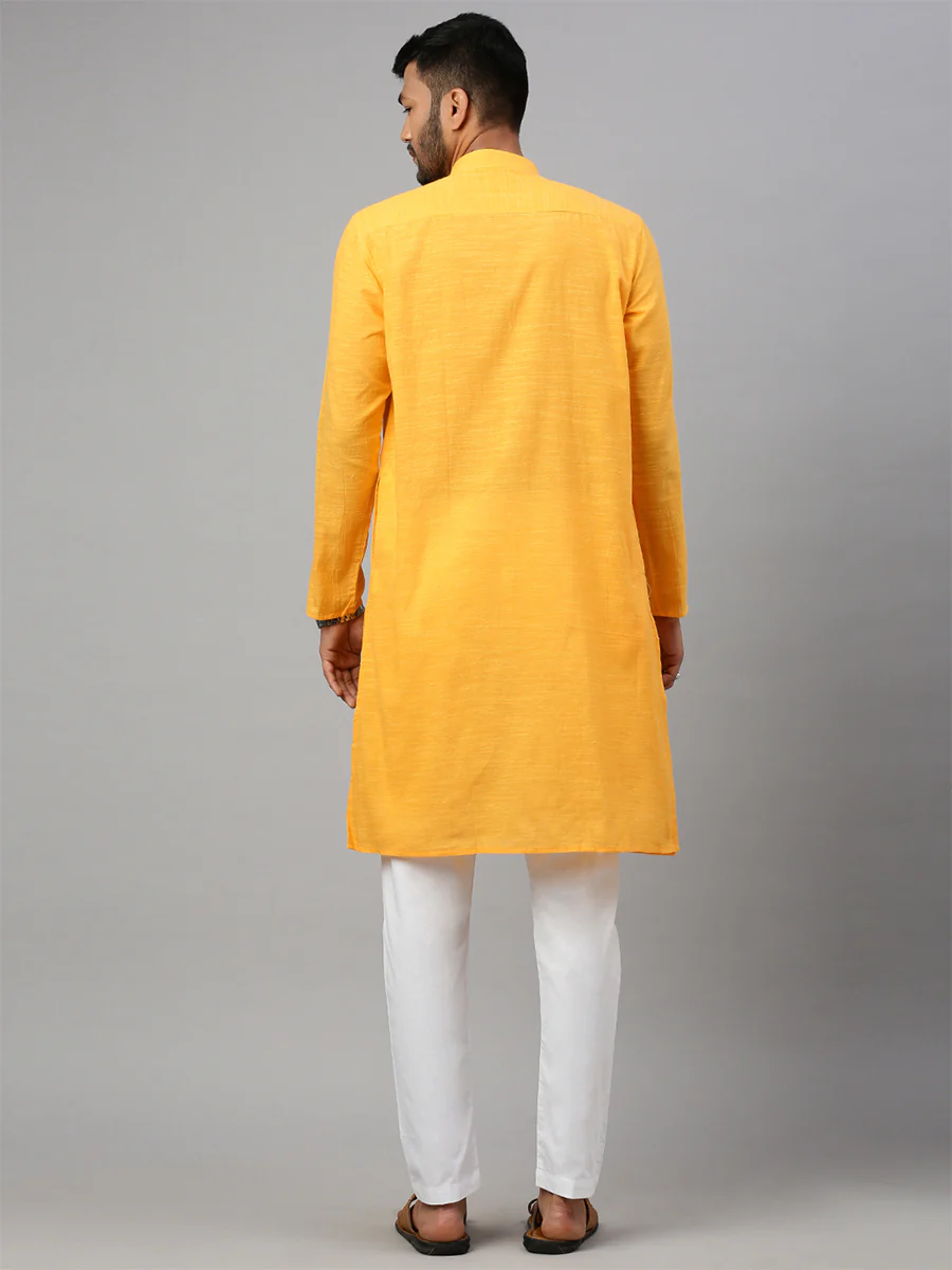 Mens Cotton Full Length Plain Pocket Kurta Yellow M17 - Image 5