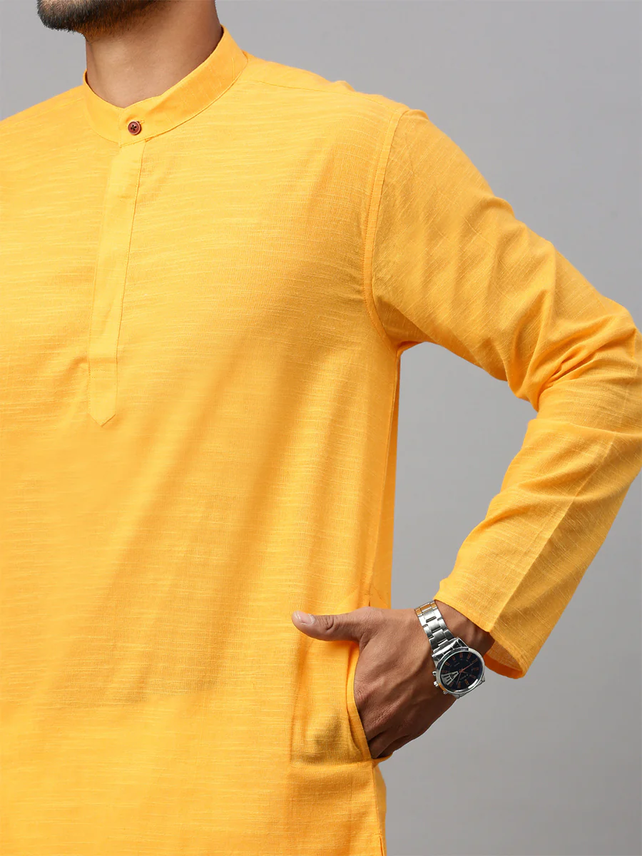 Mens Cotton Full Length Plain Pocket Kurta Yellow M17 - Image 6