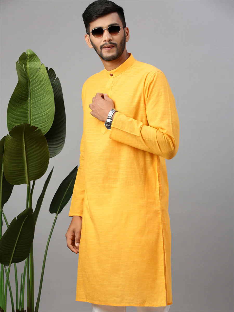 Mens Cotton Full Length Plain Pocket Kurta Yellow M17 - Image 7