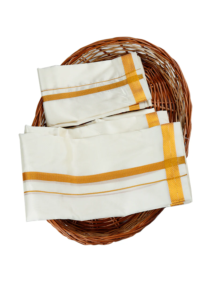 Men Double Layer Cream Dhoti & Towel Set with 3/4 "Gold Jari Border Amirtha Yoga - Image 4