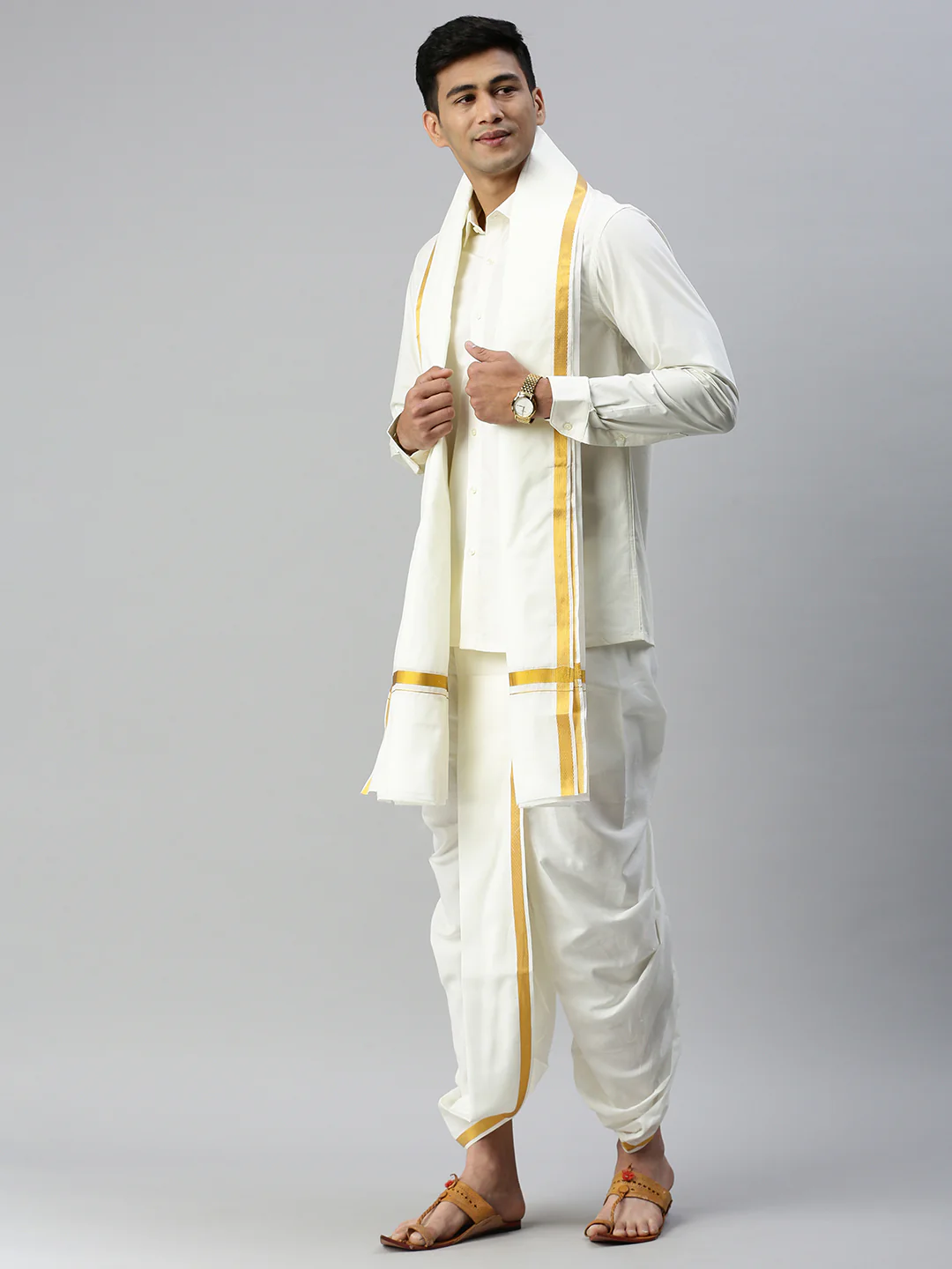 Mens Cream Shirt with Readymade Elastic Panchakacham Angavastram Set 3/4" Aashan - Image 2