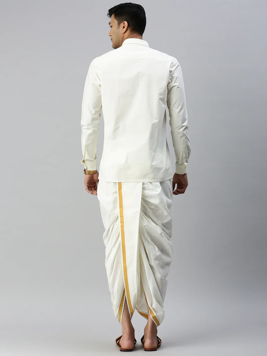 Mens Cream Shirt with Readymade Elastic Panchakacham Angavastram Set 3/4" Aashan - Image 3