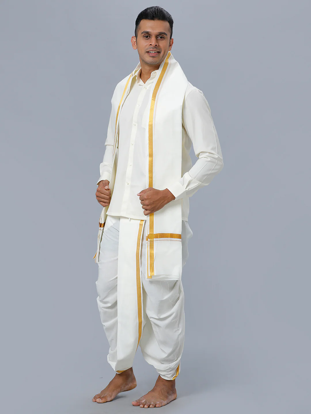 Mens Cream Shirt with Readymade Elastic Panchakacham Angavastram Set 3/4" Prakaspathi - Image 2