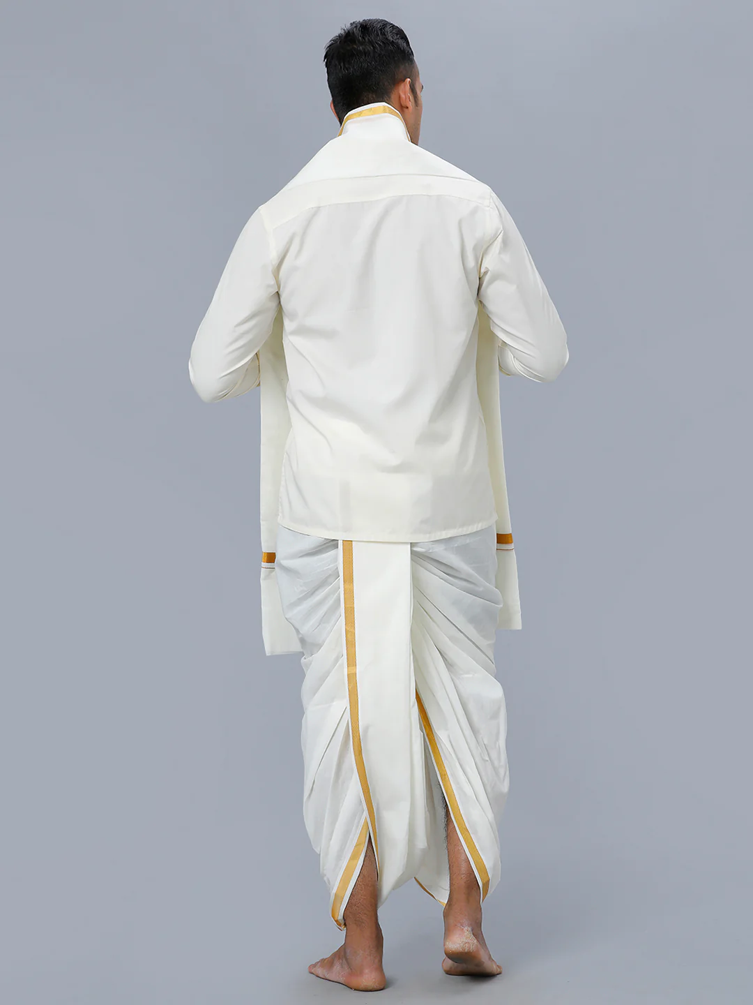 Mens Cream Shirt with Readymade Elastic Panchakacham Angavastram Set 3/4" Prakaspathi - Image 3
