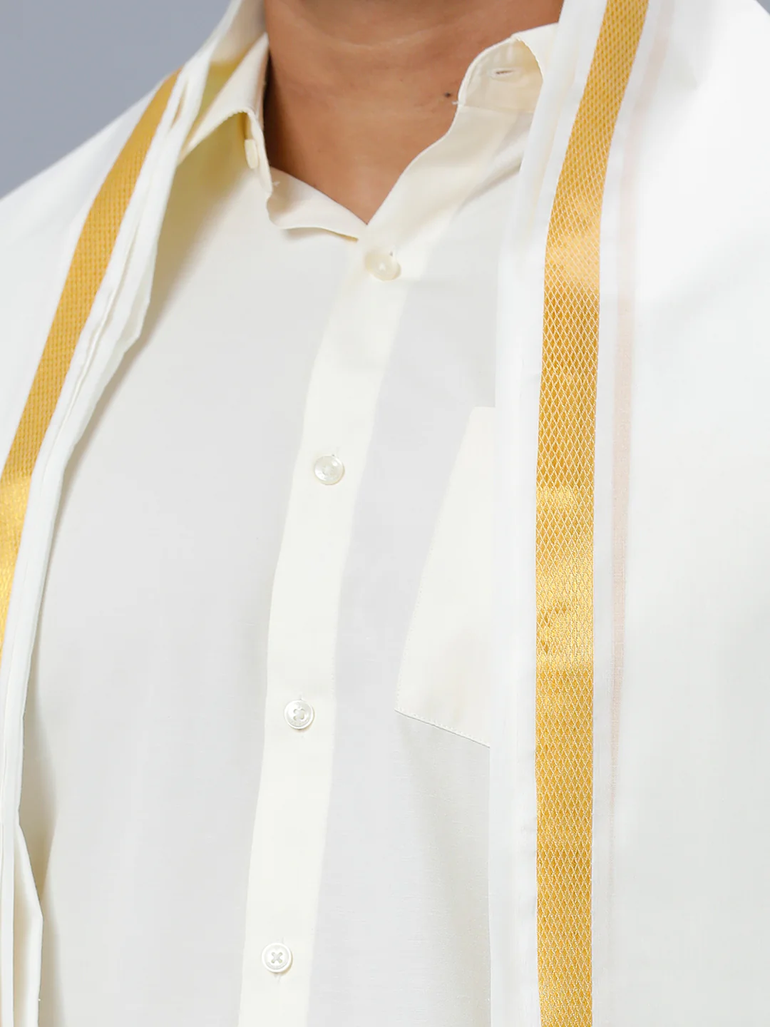 Mens Cream Shirt with Readymade Elastic Panchakacham Angavastram Set 3/4" Prakaspathi - Image 5