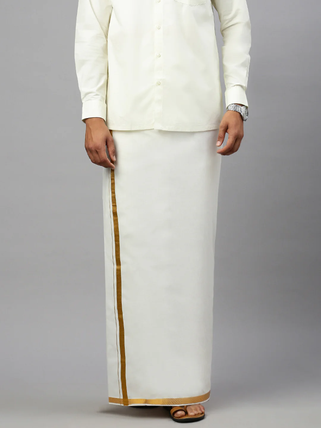 Mens Cream With 1/2" Gold Jari Border Double Layer Dhoti+Towel+Belt Combo - Image 5