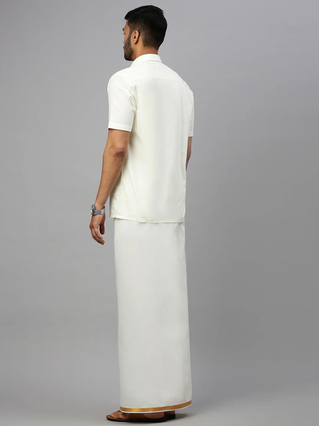 Mens Cream with 3/4" Inch Gold Jari Border Single Layer Dhoti Combo - Image 3