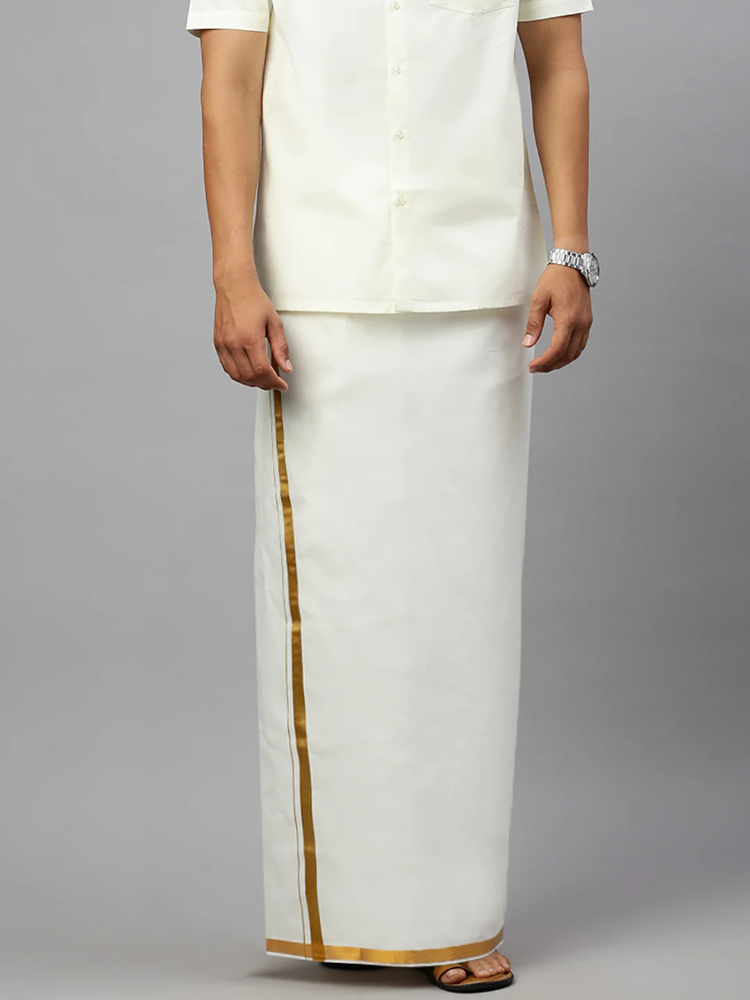 Mens Cream with 3/4" Inch Gold Jari Border Single Layer Dhoti Combo - Image 4