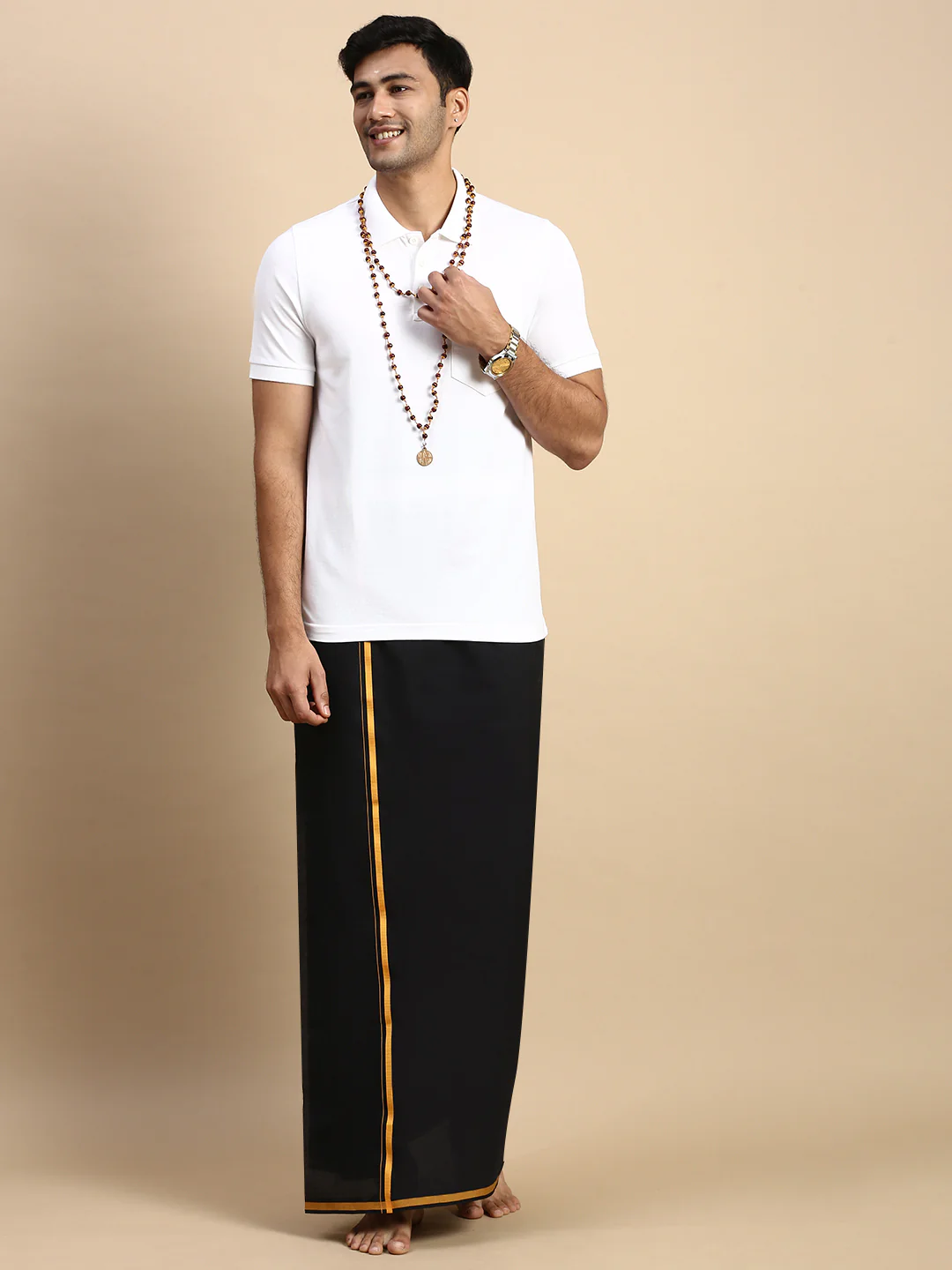 Men Devotional Big Border Dhoti & TShirt Set Black EP1 - Image 2