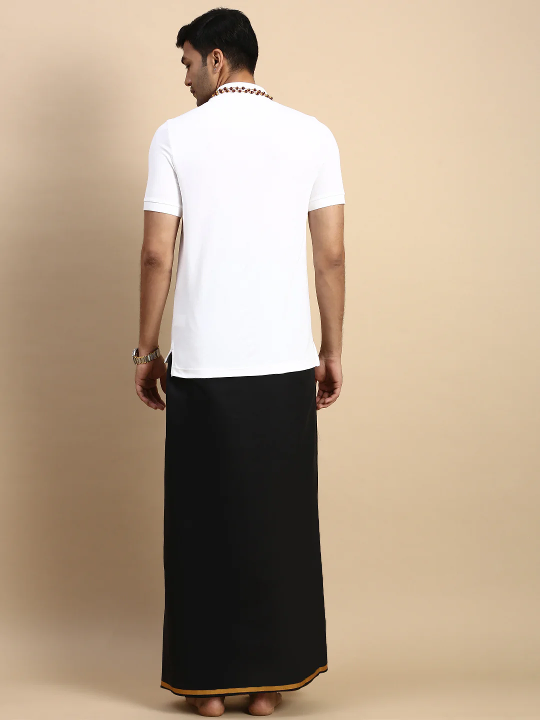 Men Devotional Big Border Dhoti & TShirt Set Black EP1 - Image 3