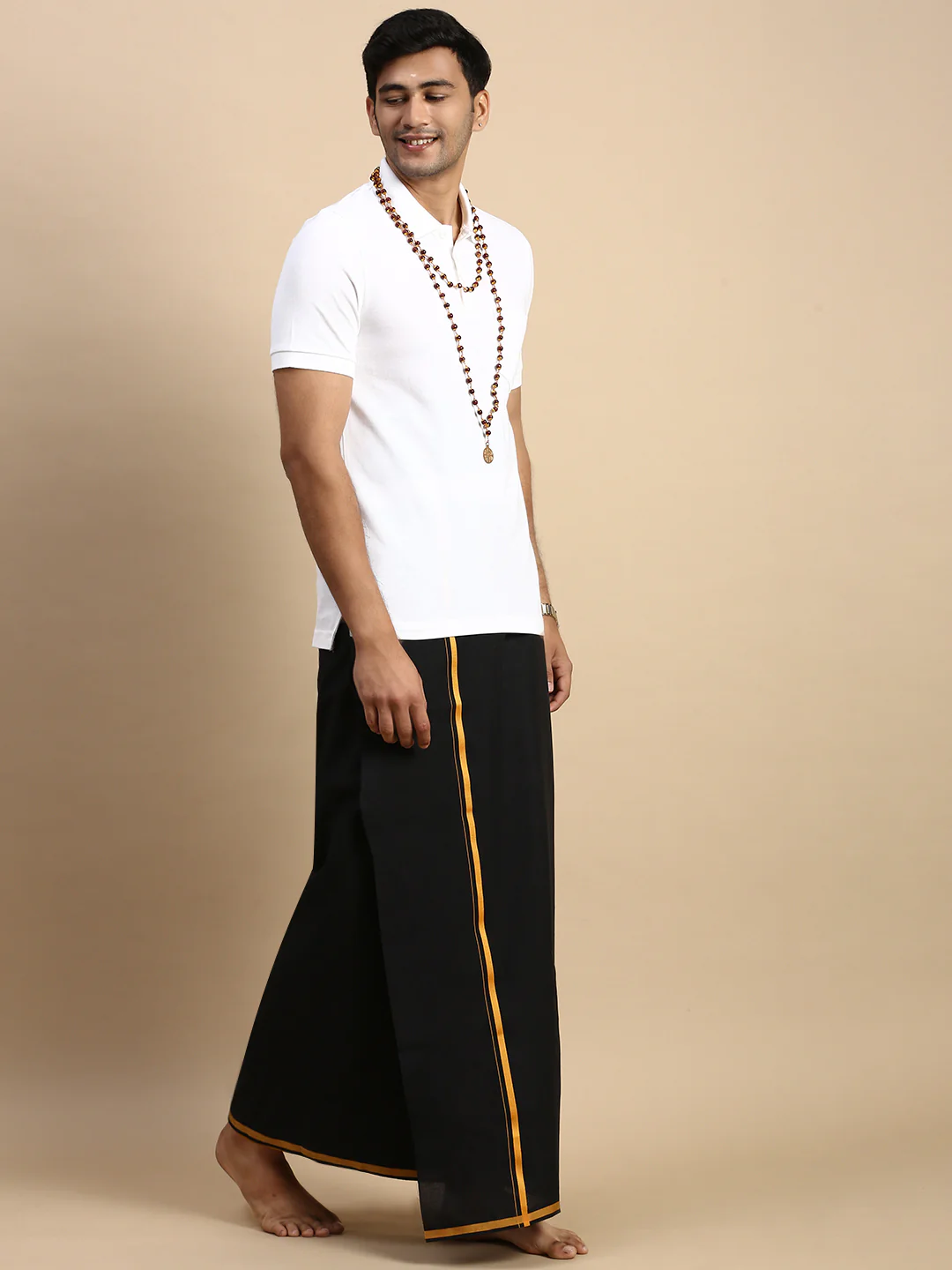 Men Devotional Big Border Dhoti & TShirt Set Black EP1 - Image 4
