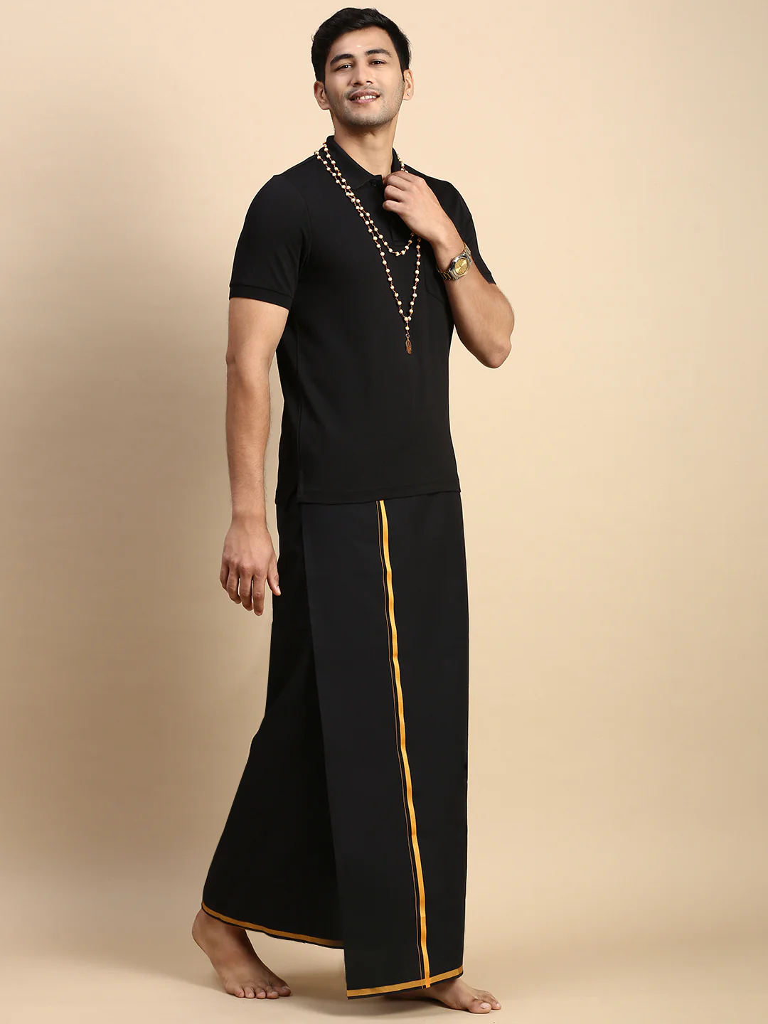 Men Devotional Big Border Dhoti & TShirt Set Black EPD14 - Image 2