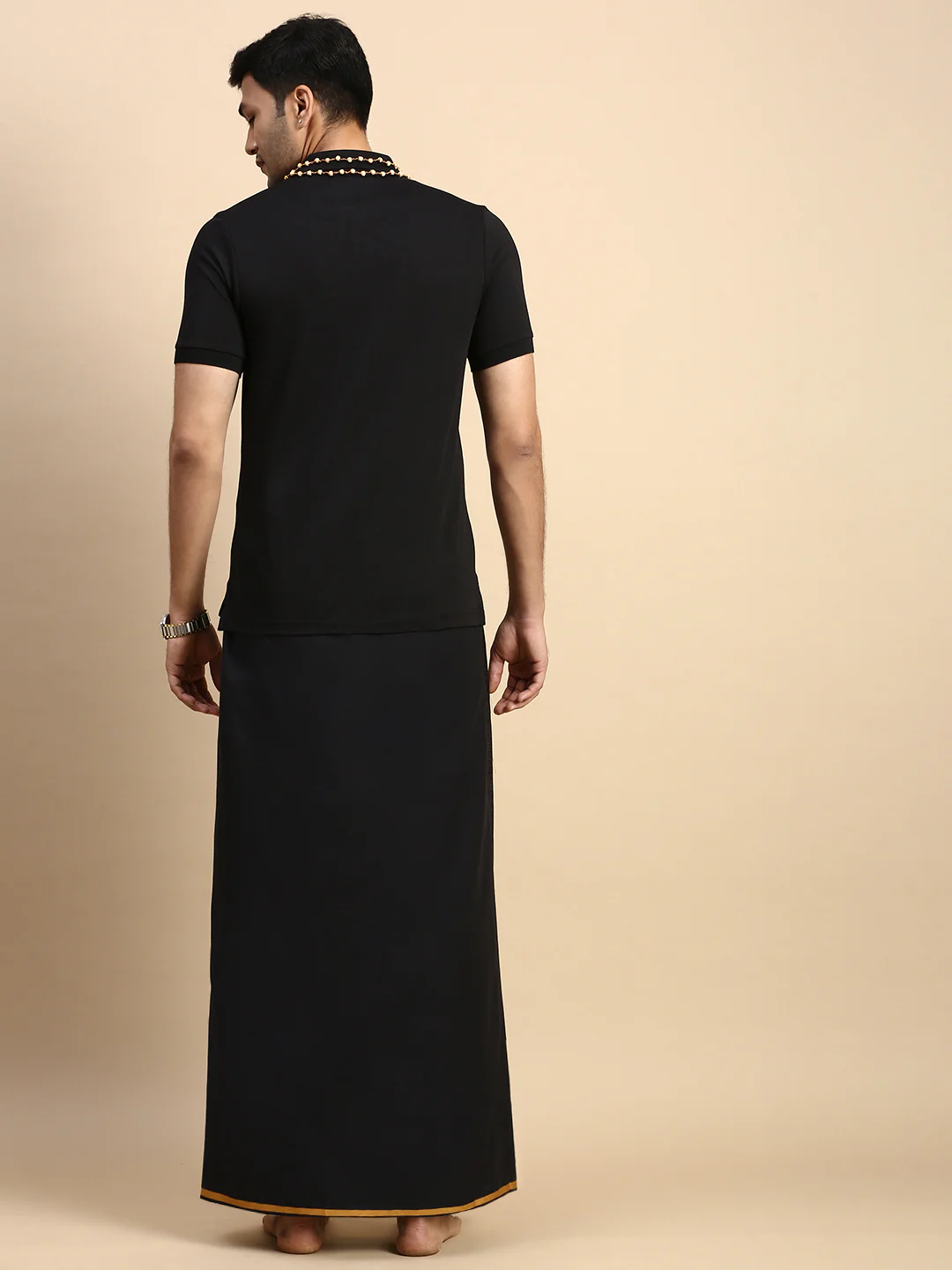 Men Devotional Big Border Dhoti & TShirt Set Black EPD14 - Image 3