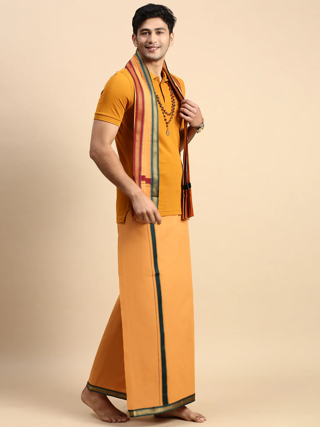 Men Devotional Mayilkhan Border Dhoti with Towel & TShirt Set Kaavi EP41 - Image 2
