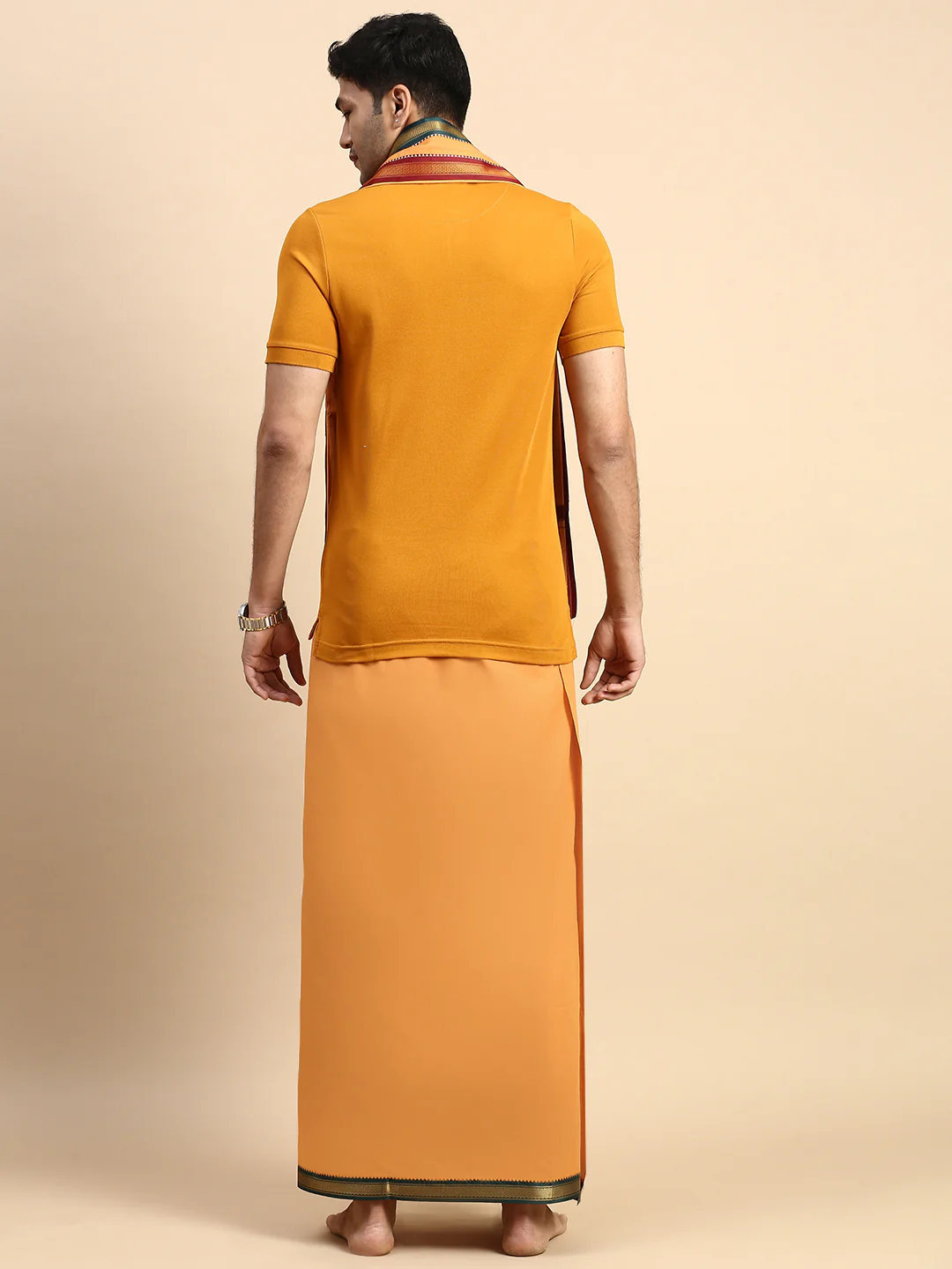 Men Devotional Mayilkhan Border Dhoti with Towel & TShirt Set Kaavi EP41 - Image 3