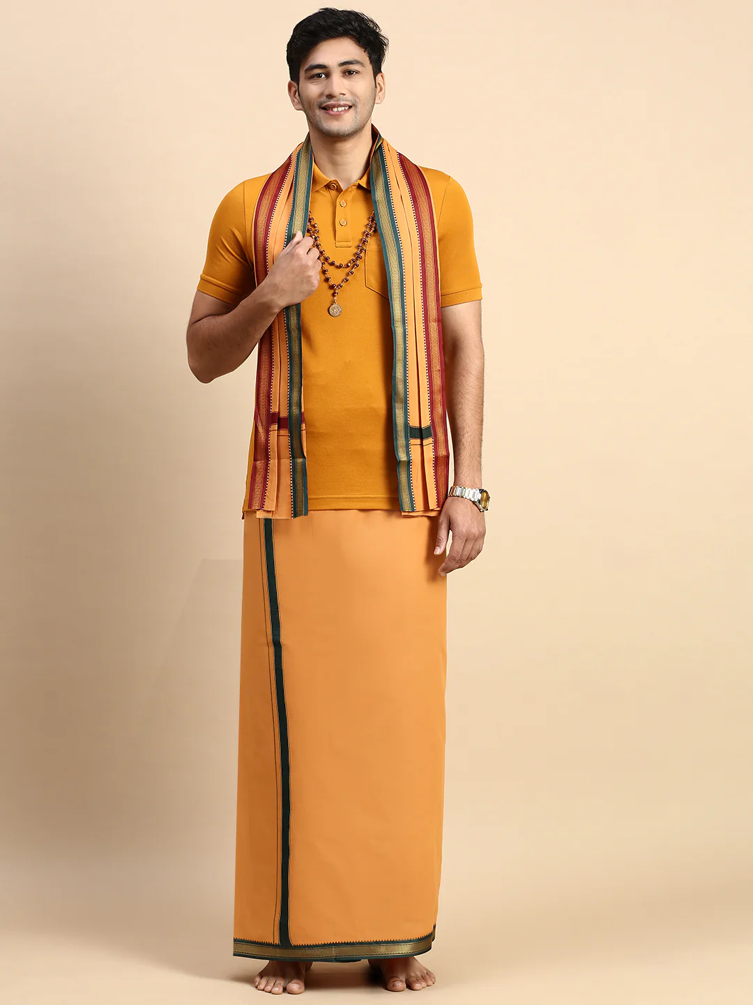 Men Devotional Mayilkhan Border Dhoti with Towel & TShirt Set Kaavi EP41 - Image 5