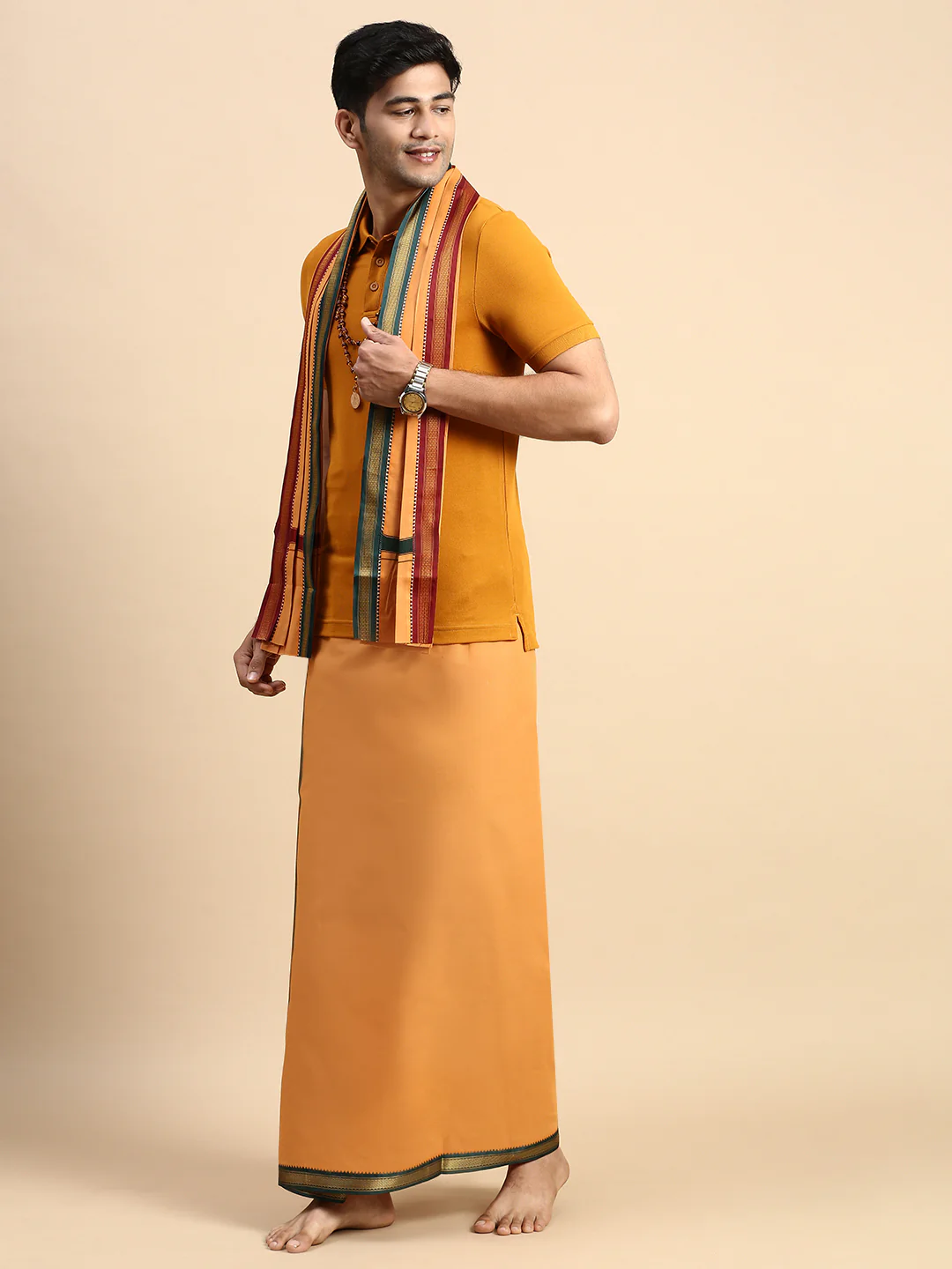 Men Devotional Mayilkhan Border Dhoti with Towel & TShirt Set Kaavi EP41 - Image 6