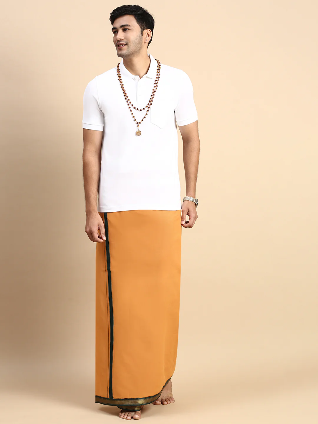Men Devotional Mayilkhan Border Dhoti & TShirt Set Kaavi EP1 - Image 2