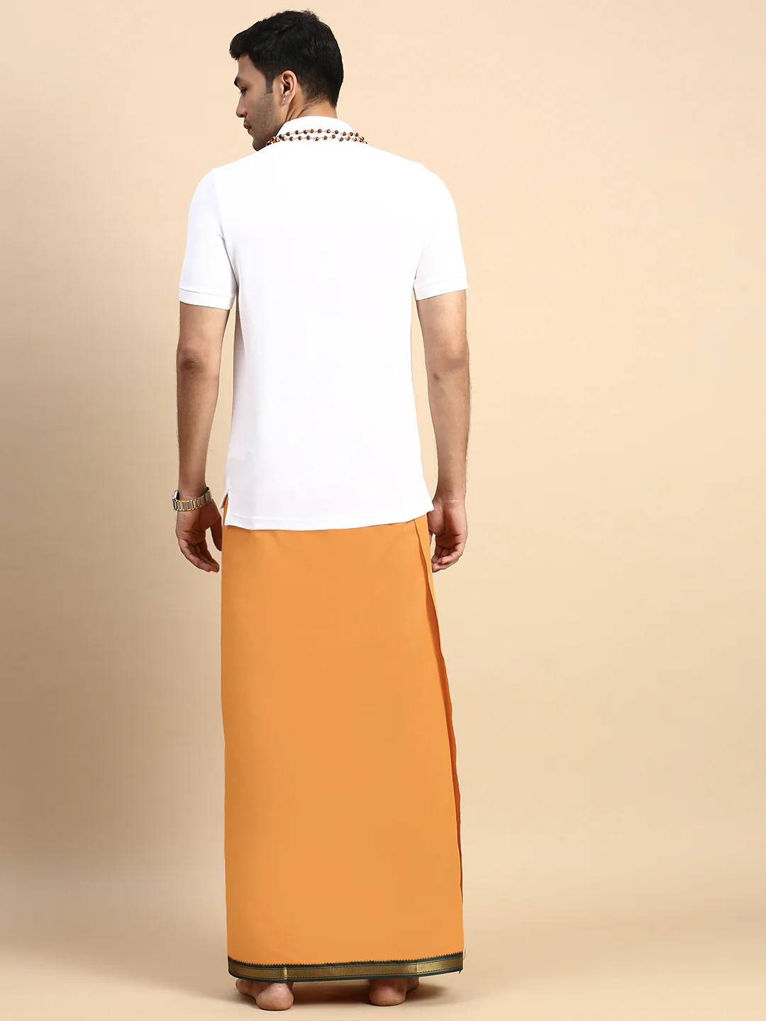 Men Devotional Mayilkhan Border Dhoti & TShirt Set Kaavi EP1 - Image 4