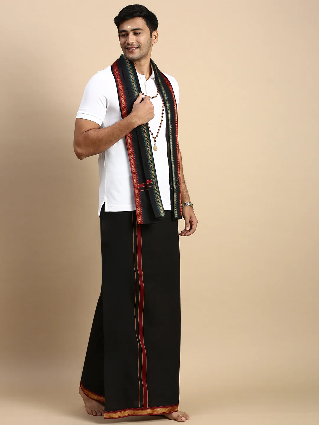 Men Devotional Mayilkhan Border Dhoti with Towel & TShirt Set Black EP1 - Image 2