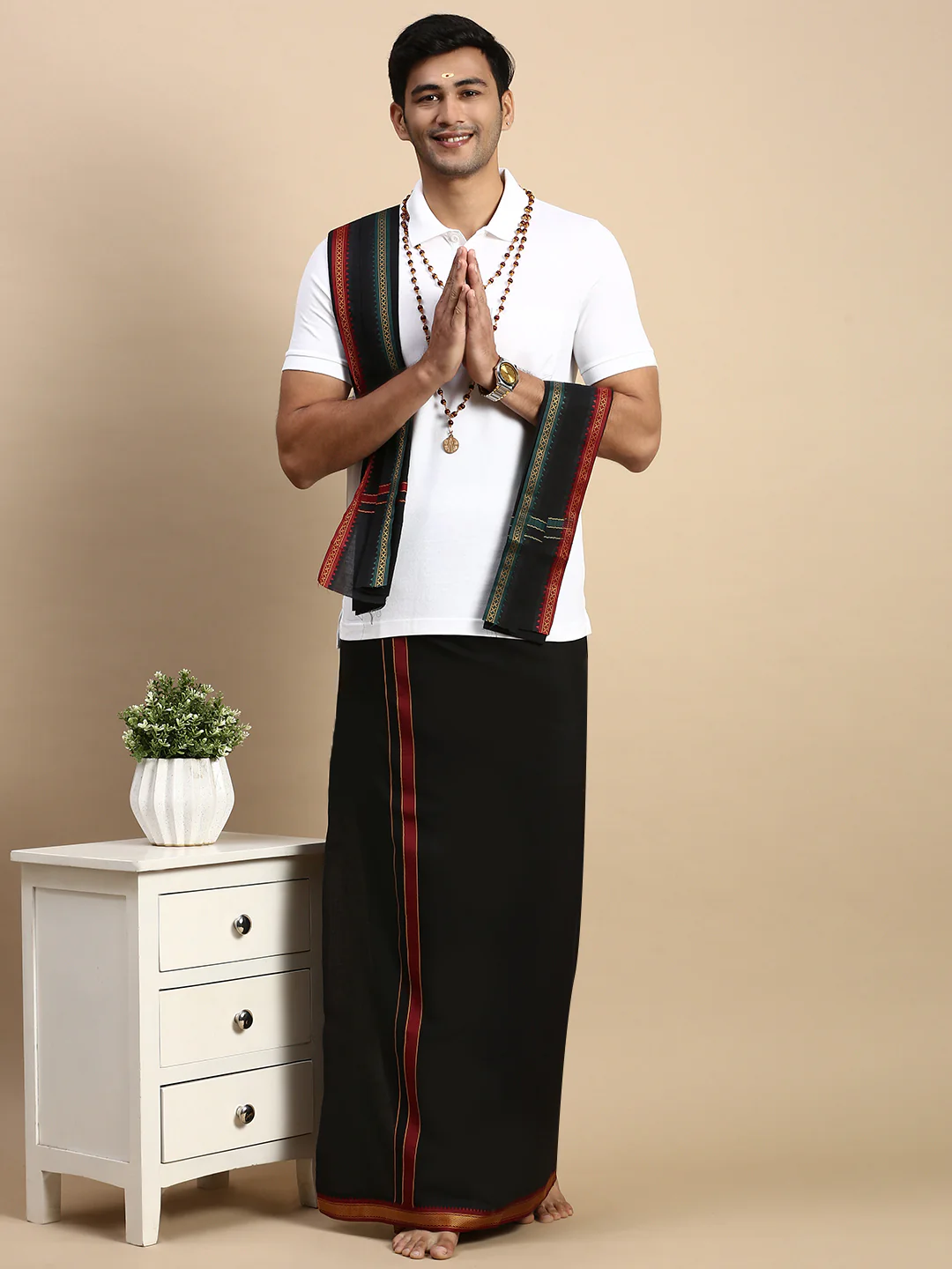 Men Devotional Mayilkhan Border Dhoti with Towel & TShirt Set Black EP1 - Image 3