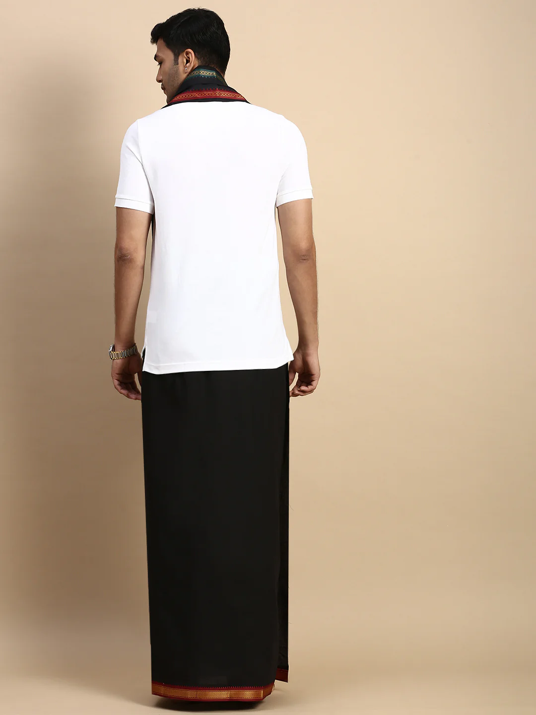 Men Devotional Mayilkhan Border Dhoti with Towel & TShirt Set Black EP1 - Image 4
