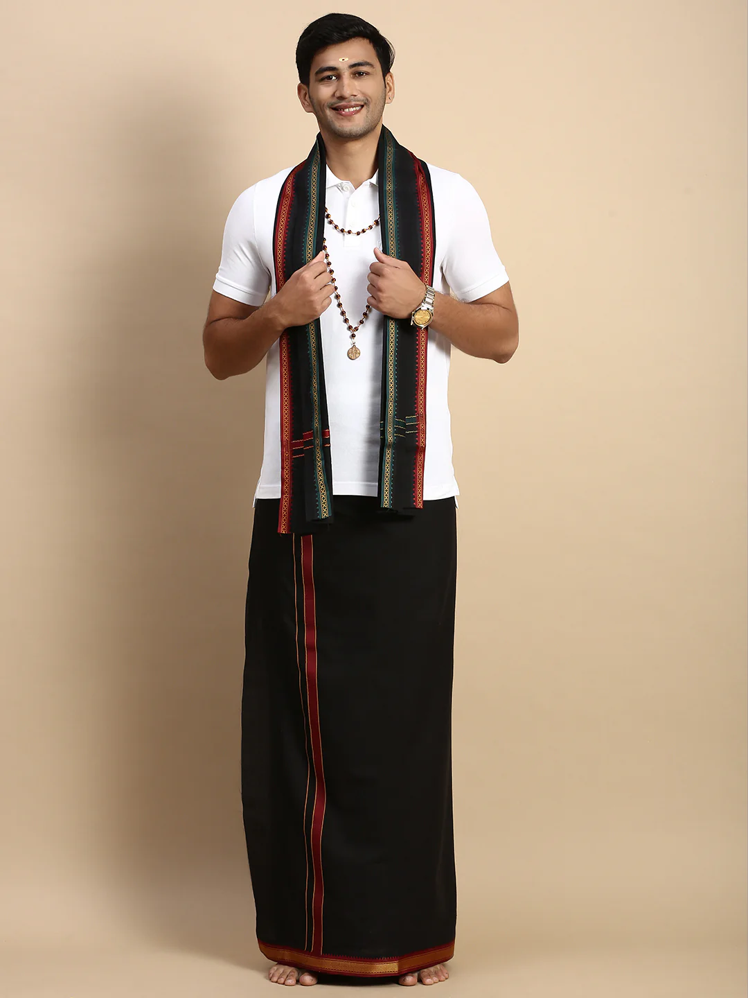 Men Devotional Mayilkhan Border Dhoti with Towel & TShirt Set Black EP1 - Image 5