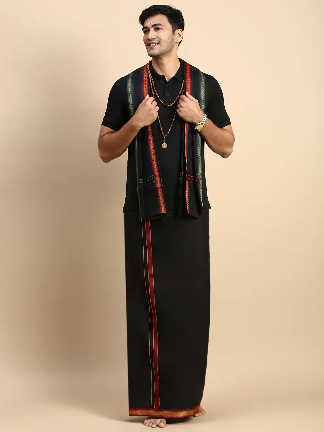 Men Devotional Mayilkhan Border Dhoti with Towel & TShirt Set Black EPD14 - Image 2