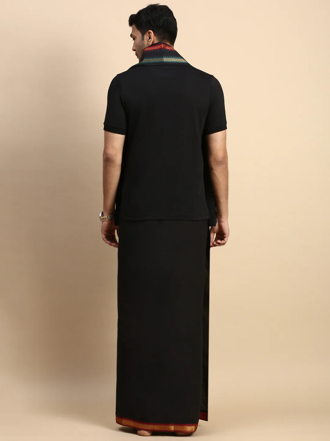 Men Devotional Mayilkhan Border Dhoti with Towel & TShirt Set Black EPD14 - Image 3