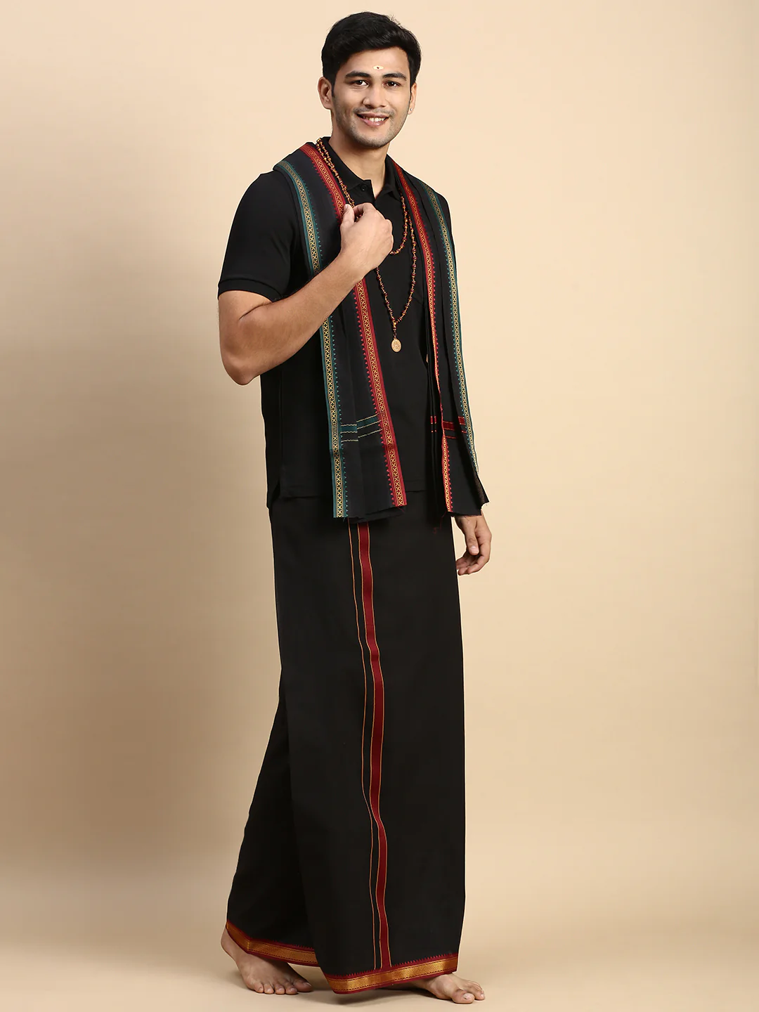 Men Devotional Mayilkhan Border Dhoti with Towel & TShirt Set Black EPD14 - Image 4