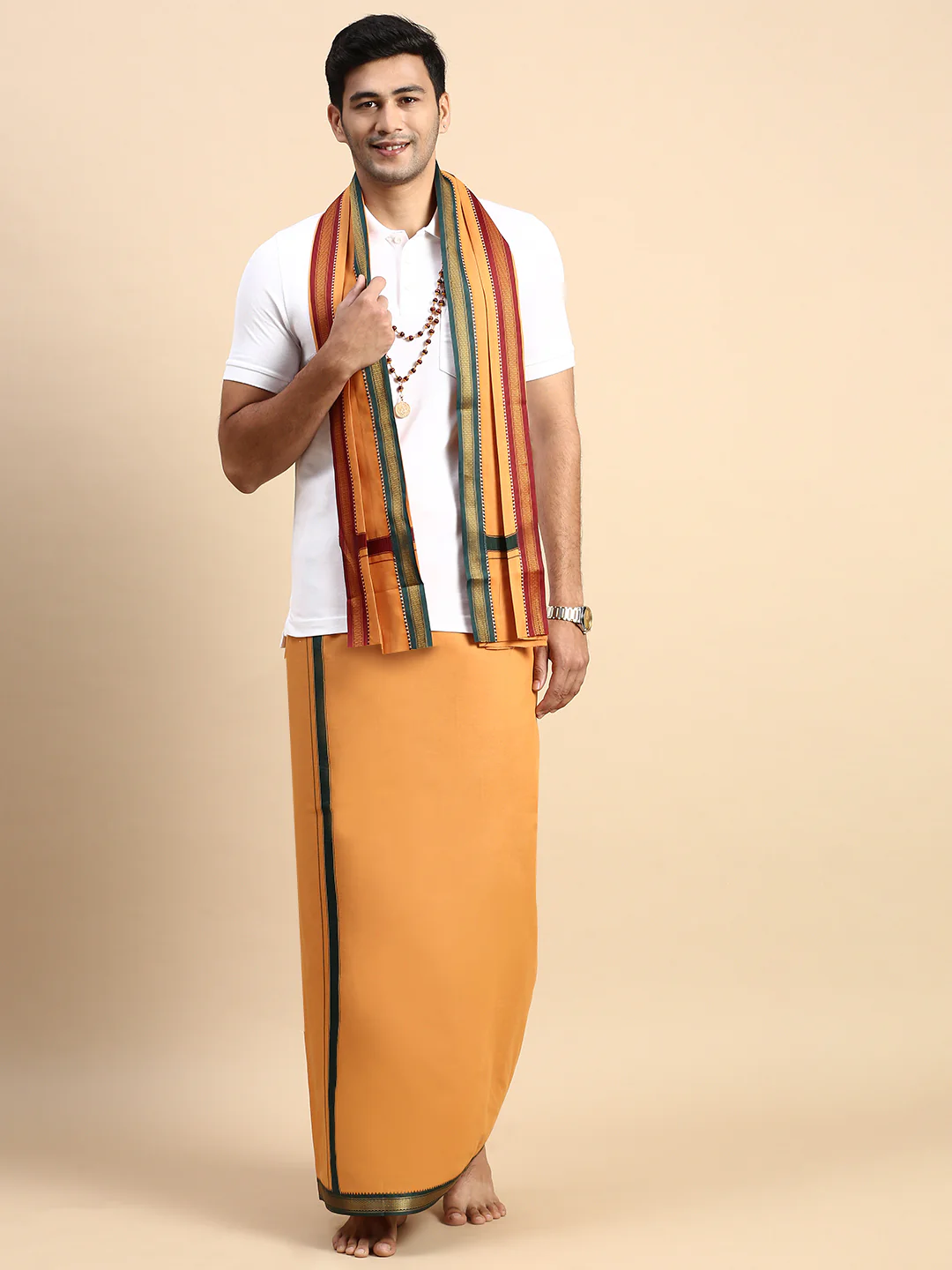 Men Devotional Mayilkhan Border Dhoti with Towel & TShirt Set Kaavi EP1 - Image 2