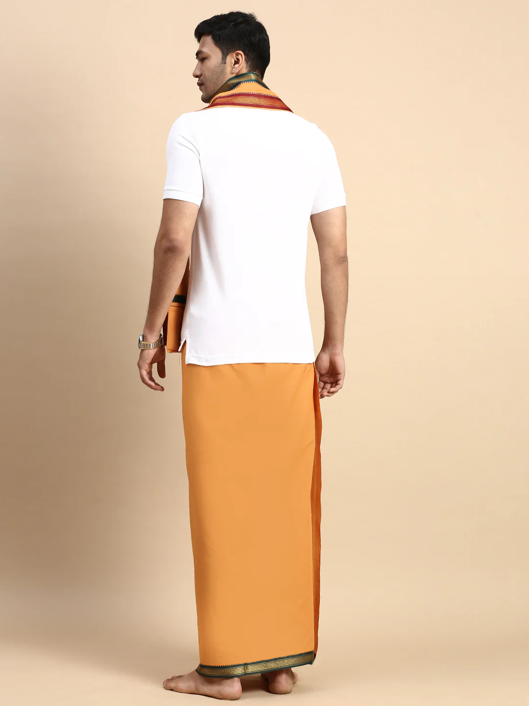 Men Devotional Mayilkhan Border Dhoti with Towel & TShirt Set Kaavi EP1 - Image 3