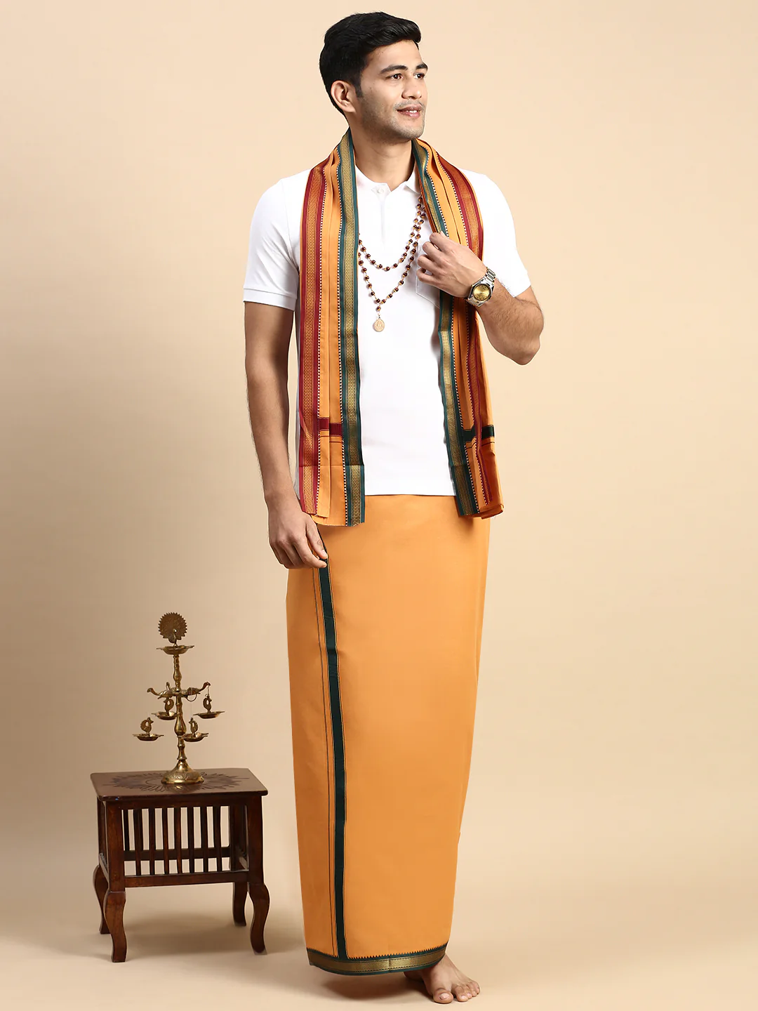 Men Devotional Mayilkhan Border Dhoti with Towel & TShirt Set Kaavi EP1 - Image 4