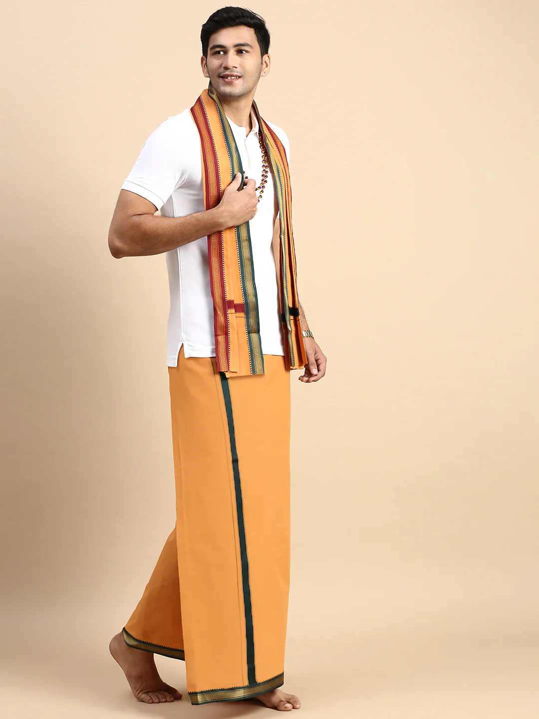 Men Devotional Mayilkhan Border Dhoti with Towel & TShirt Set Kaavi EP1 - Image 5