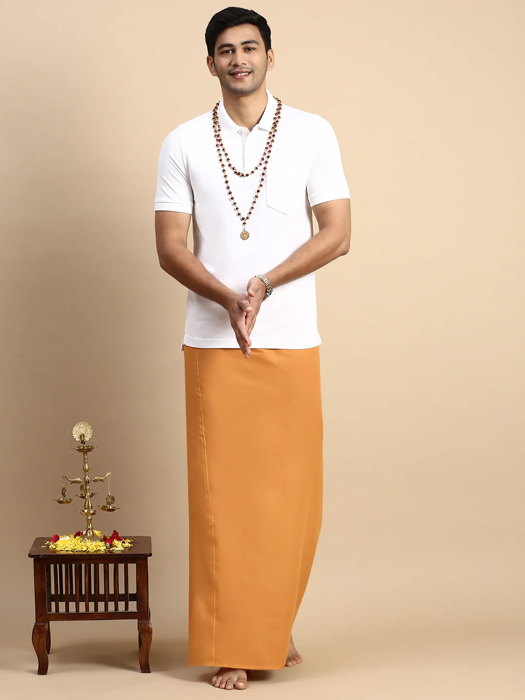 Men Devotional Small Border Dhoti & TShirt Set Kaavi EP1