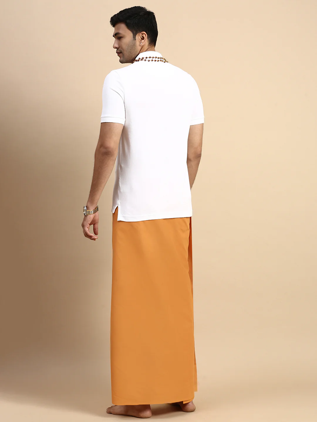 Men Devotional Small Border Dhoti & TShirt Set Kaavi EP1 - Image 3