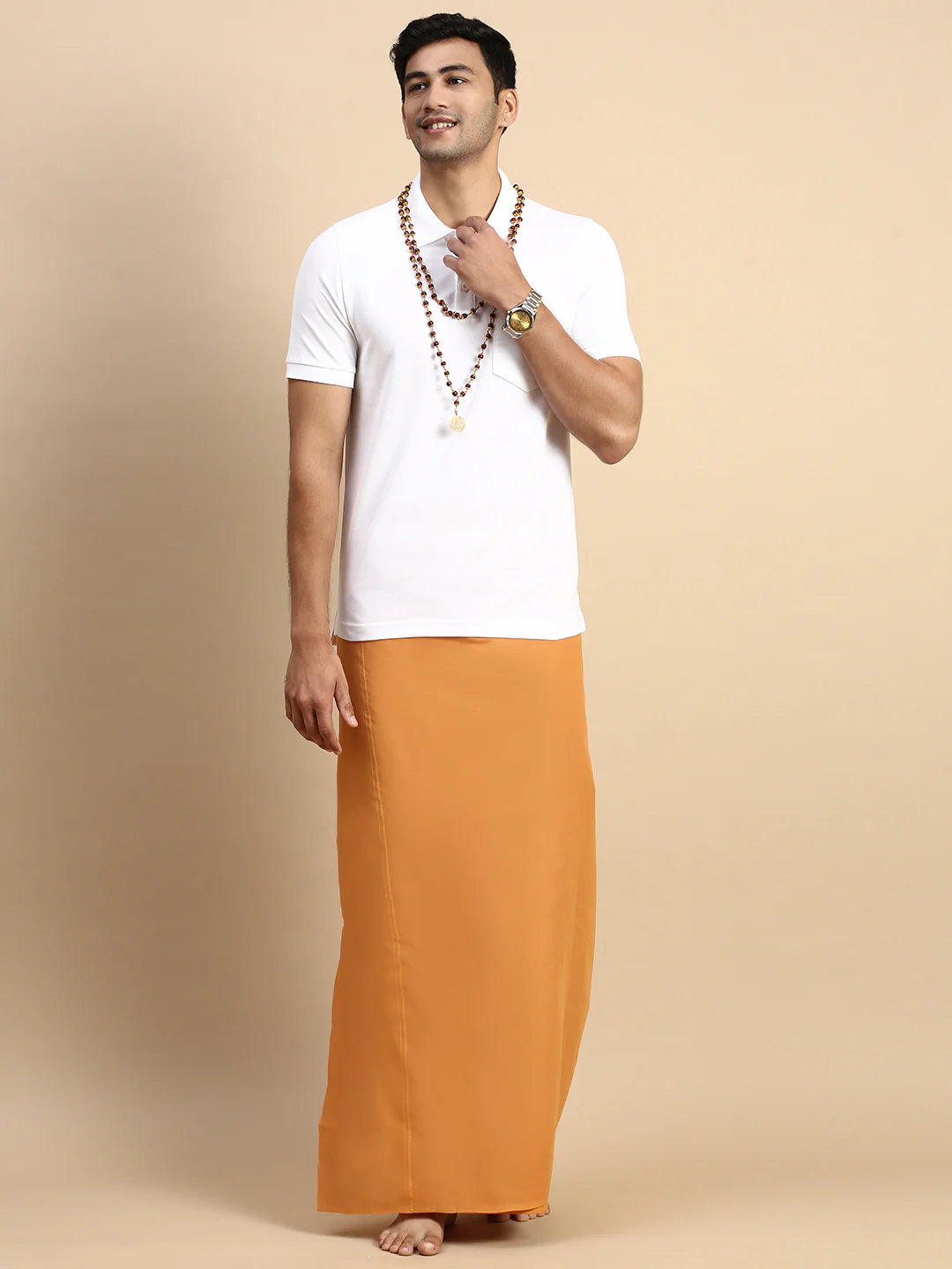 Men Devotional Small Border Dhoti & TShirt Set Kaavi EP1 - Image 4