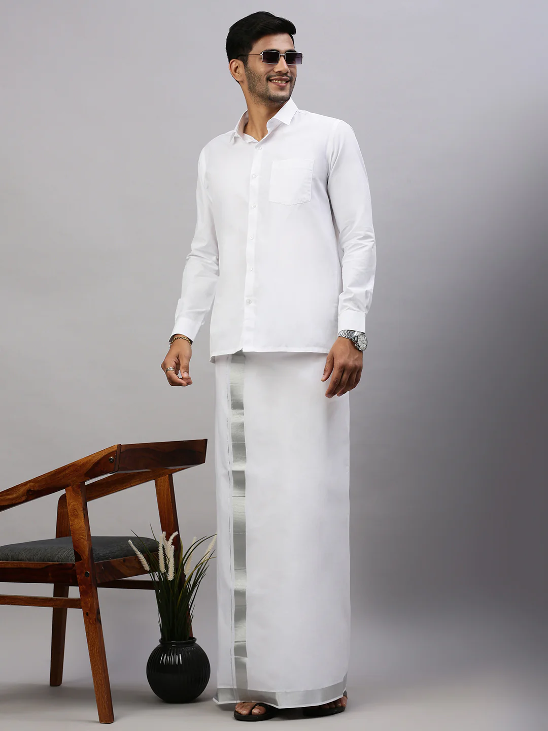 Men Double Dhoti White with 1 1/2 " inch Jari Silver Special Plain - Image 3