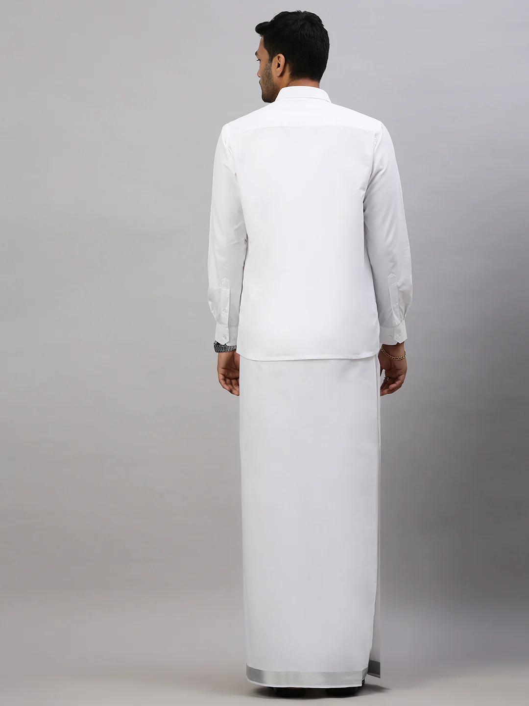 Men Double Dhoti White with 1 1/2 " inch Jari Silver Special Plain - Image 4